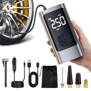 VERVEO 타이어 공기압 주입기 6000mAh 리튬 배터리 정밀 타이어 공기압 모니터링 자동차 오토바이 자전거 농구공 범용 공기부양 보조배터리, 블랙6000mah, 1개