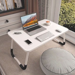 可升降摺疊床上桌 宿舍懶人小桌子 臥室家用iPad筆電支架 多功能閱讀桌, 珍珠白60X30X22W防滑腿