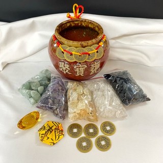 鶯歌陶瓷手作小平口聚寶甕，束口聚財，搭配天然水晶石，台灣製造