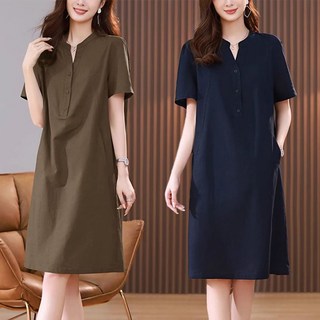 여름 중년 여성 우아한 셔츠형 원피스 심플 무지 마디 엄마옷 데일리 심플한 박시 원피스 루즈핏