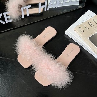 大碼女鞋仙女毛毛夏季拖鞋，多巴胺韓版外穿平底一字拖, 米白色,39