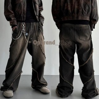 OPB 牛仔褲 做舊水洗刷黃毛邊寬褲 落地長褲 厚磅牛仔寬褲