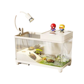 烏龜飼養缸 生態造景烏龜缸 帶蓋 烏龜爬台 曬台 烏龜專用箱 巴西龜缸 爬蟲適用, 1個, 經典黑-升級造景套餐【一鍵龍頭排水】,大號（40*20*23cm）