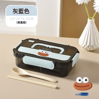 可微波加熱保溫飯盒 學生上班族塑料食品便當午餐盒, 1個, 灰藍色(兩格1000ML)送小麥餐勺+筷子+香腸嘴