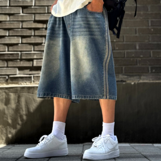 시온 워싱 데님 투라인 밴딩 와이드 버뮤다팬츠