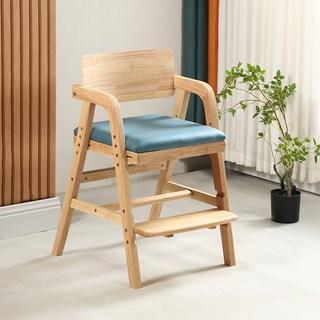 兒童實木成長餐椅，可調節高度學習椅, 橡膠木+原木色+綠色軟包面免拆易清洗