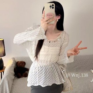 夏季新款韓系氣質防曬鏤空亮片針織罩衫，時尚穿搭海灘比基尼罩衫, 米白色,L 55.0-60.0公斤