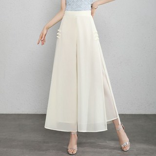 중년 여성 와이드 팬츠 캐주얼 봄 여름 하이웨스트 통바지 루즈핏 슬랙스 a라인 트임 쉬폰 와이드 팬츠 CY