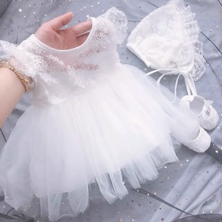 台灣現貨 0-2歲嬰兒公主裙寶寶洋裝送帽子 寶寶蕾絲公主裙新生兒彌月禮服週歲小洋裝 婚紗拍照禮服女童連身裙花童小洋裝