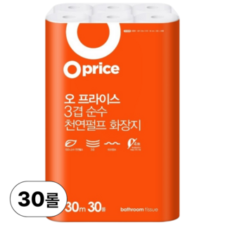 오프라이스 더 길어진 3겹 천연펄프 화장지, 30m, 30롤, 1개