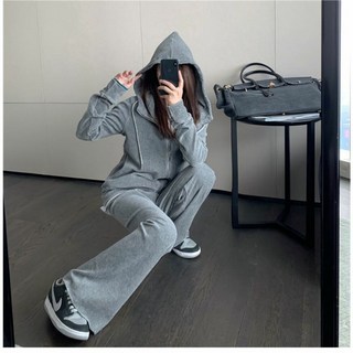 春秋必備 時尚運動兩件套 連帽長袖外套 闊腿長褲 休閒套裝女 一套搞定 秋冬套裝 a0055