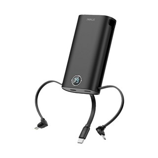 iWALK 小魷魚行動電源 9000mAh PD快充 自帶線 適用蘋果安卓, 潮墨黑, 小魷魚自帶線行動電源 潮墨黑