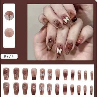 小貓咪24片盒裝穿戴甲片貼，多款任選短款穿戴式美甲貼片，中長款指甲貼片，ins顯白法式假指甲，韓式簡約甲片, 1個, R777中長款