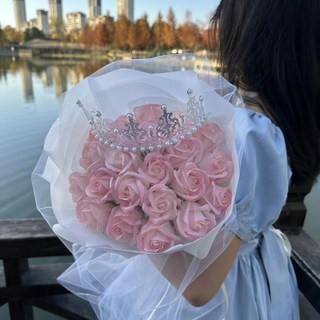 永生玫瑰香皂花束 附皇冠 適合畢業季、生日禮物、教師禮物, 【成品發貨】少女粉21朵送皇冠賀卡