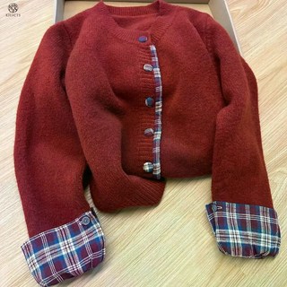 圓領拼接格子毛衣女針織開衫 - 韓系秋冬新款