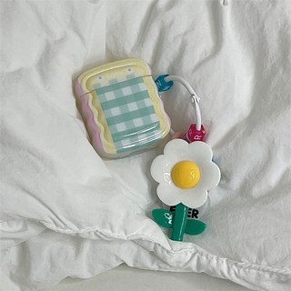 예쁜 에어팟케이스 세대 무선 보호 아이팟 커버 블루투스 디자인, 애플 에어팟 3, 잔물결 그린 체크 이어폰 커버+플라워 홀더, 1개