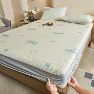 哆哆購 涼感冰絲 牀墊保護罩 夏季 全包, 藍鯨 奶綠 牀笠,180*200cm牀笠+枕套一對, 1個