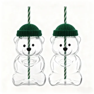 500ML 귀여운 곰 유리컵 대용량 뚜껑 직음용 빨대컵 일상 주스 우유용, 02 plastic cup, 01 Green lid 2pcs