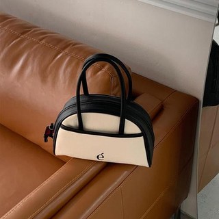 archivepke 韓版撞色帆布百搭包包 單肩包 波士頓半圓形手拎包 手提包女, 黑色