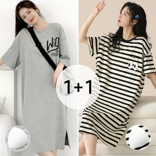 Belua 1+1 여성 여름 반팔 캡내장 잠옷 원피스 빅사이즈 오버핏 홈웨어 파자마