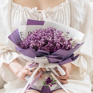 마음담은집"1000일 동안" 시들지 않는 보존화 안개꽃다발 (LED+엽서+꽃다발), 소형, 퍼플