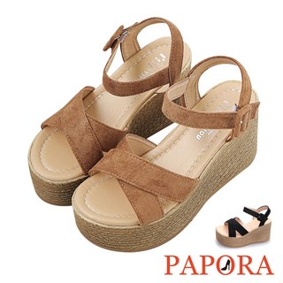 PAPORA涼鞋 春漾少女交叉絨面金漆仿麻繩厚底楔型涼鞋 黑色/杏色, 杏39