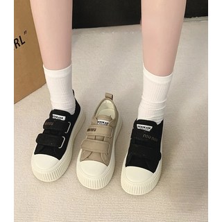 NIU NIU 女款帆布魔鬼氈厚底休閒船型鞋，舒適透氣，厚底增高，魔鬼氈方便穿脫
