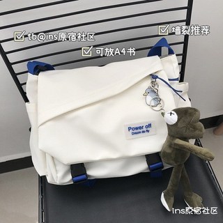 防水大容量側背包 機車包 運動斜背包 斜挎包 男 日系ins潮 帆布包, 米白色 加蛙哥, 1個