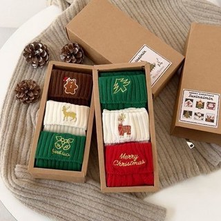 聖誕襪子女禮盒裝秋冬可愛卡通刺繡中筒襪ins潮日系大紅新年棉襪, 紅色組合【3雙禮盒包裝】, 1個