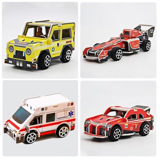 감성팩토리 종이 입체 자동차 퍼즐 풀백기능 3D 모형, C타입(옐로짚차+레드레이싱카+앰뷸런스2+레드스포츠카), 1세트, 75피스