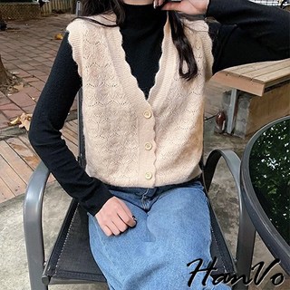 HanVo 木頭紋鈕扣波浪邊親膚針織馬甲背心 韓系時髦百搭寬鬆顯瘦修身外搭背心 韓國女裝 女生衣著 A07-4974