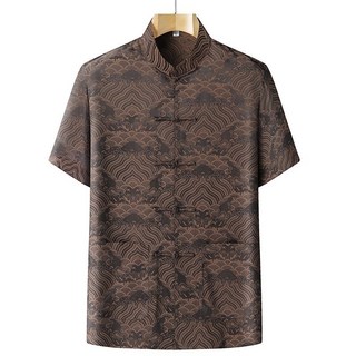 大碼爸爸唐裝 唐裝男中老年短袖套裝 絲綢緞面太極服休閒套裝 民國風老人裝 中老年唐裝 中年男士漢服, 咖色 單上衣,42/185    適合160-180斤