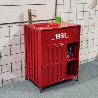 【Shark家具】工業風立柱洗手盆櫃 復古創意集裝箱洗手台, 大紅色洗手盆(送水龍頭）, 1個