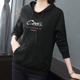 여성 루즈핏 오버핏 레터링 프린팅 얇은 후드 긴팔 티셔츠 콘테윈터후드티셔츠
