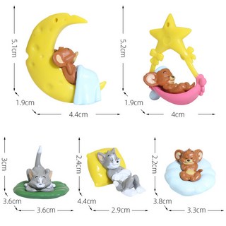 貓和老鼠湯姆貓傑瑞鼠汽車載擺件 車內裝飾品 可愛書桌手辦 桌面手辦 個性解壓擺件, 五件套PVC睡眠猫和老鼠, 五件套PVC睡眠猫和老鼠