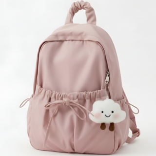 펀베스트 여성 나일론 셔링 백팩 리본 포인트 데일리 가방 키링 세트