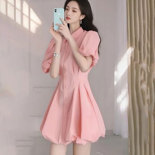 besteffie 여성 봄여름 쉬폰 셔츠 스타일 원피스 퍼프소매 허리 슬림핏 미니원피스 K97