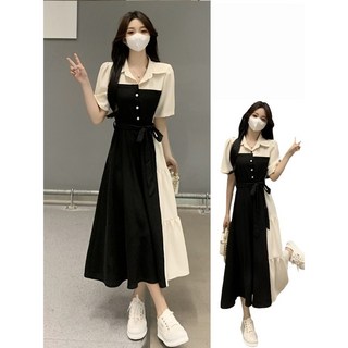 삼제태전 여름 여성용 빅사이즈 롱원피스 A라인 반팔 셔츠 카라 원피스 데일리룩 배색 원피스