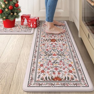 Collive 주방 바닥용 피로 방지 매트 봄 꽃무늬 주방 매트 바닥 2개 세트 베이지 쿠션 방수 싱크 러그 미끄럼 방지 편안한 스탠딩 러그 사무실 세탁실 책상용, 크리스마스/베이지