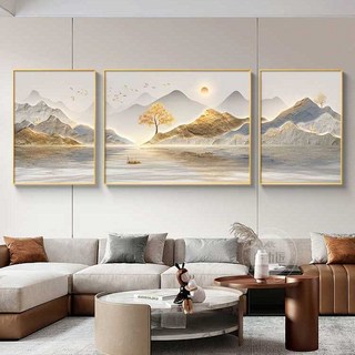 旭日東陞山水掛畫 客廳裝飾畫 大氣輕奢沙發背景牆畫, 款式10,左右30*40中60*40布紋膜.