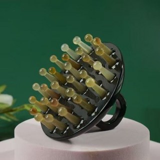指環梳牛筋梳齒按摩頭皮梳子天然女士長發洗頭刷家用頭部經絡刮痧, 1個, 【釘齒梳】黑綠圓盤指扣, 黑綠