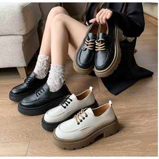 粗跟小皮鞋 厚底鞋 福樂鞋 鬆糕底學生鞋 台灣出貨, 白色-棕底,39