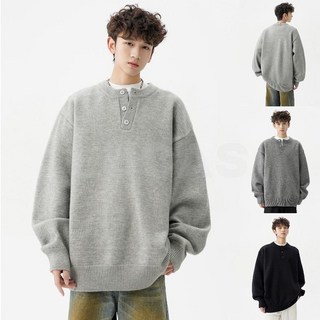 亨利領毛衣男高級感圓領純色打底針織衫寬鬆慵懶風