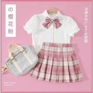 台灣賣家 女童JK制服套裝 女童夏裝學院風格子百褶裙 兒童襯衫裙子套裝