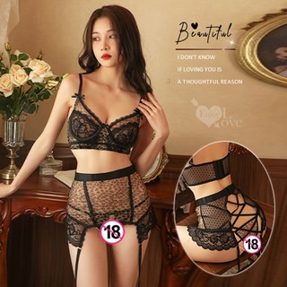 Enjoy Love 情趣比基尼 繡花豹紋拼接波點後交錯裸臀吊襪帶三件組