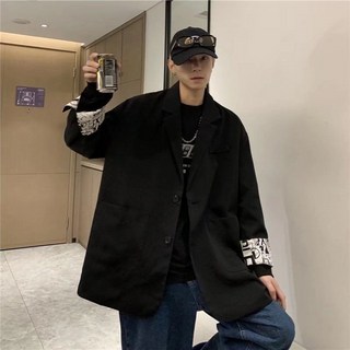 春秋款顯瘦印花通勤小西服男潮流百搭休閒帥氣潮牌西裝外套男