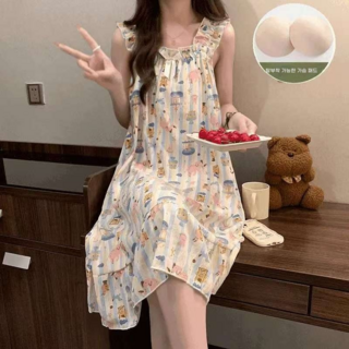 여성용 가슴패드 일체형 심플 귀엽다 홈웨어 여름 원피스 잠옷 아잉 리본 프릴 나시 원피스 잠옷 가슴 패드 제거 가능