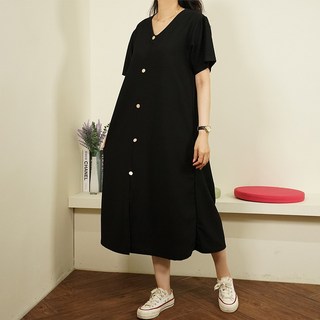 빅걸스토리 여성 브이넥 앞트임 단추 골드 원피스