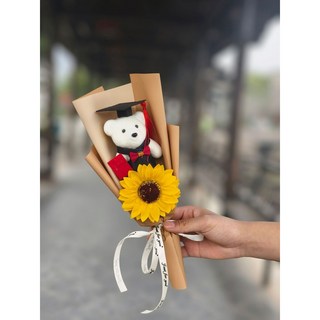 嗨購 畢業禮物 學士熊博士熊花束 太陽花 學校活動禮物 拍照畢業典禮博士熊卡通小花束, 香檳+向日葵+博士熊, 1個