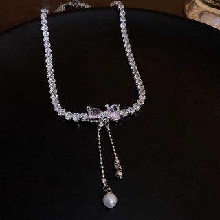 鴻利首飾廠 蝴蝶結珍珠項鏈 女款百搭輕奢小眾設計感頸鏈鎖骨鏈